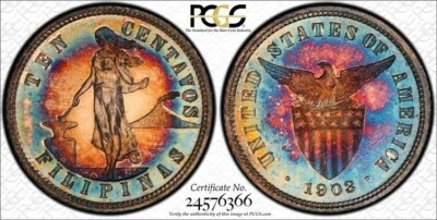 US PHILIPPINES 10 CENTAVO 1903 PROOF PCGS PR 65, with "WINGS STICKER", RAINBOW - Image 1 of 4