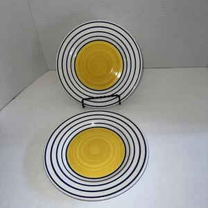 Platos de ensalada centro de 8" de cerámica italiana azul y blanco a rayas amarillas - Imagen 1 de 6