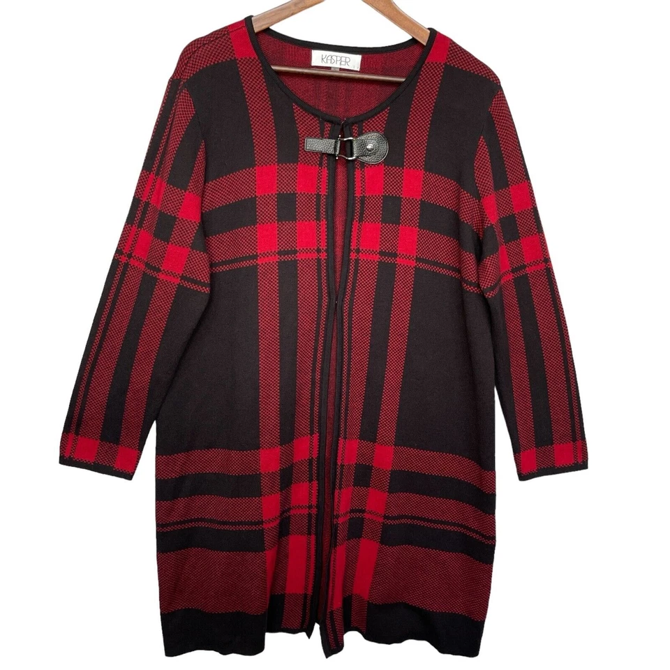 Cárdigan suéter Kasper estampado a cuadros jacquard para mujer talla XL rojo cierre de hebilla Foto 1 de 4