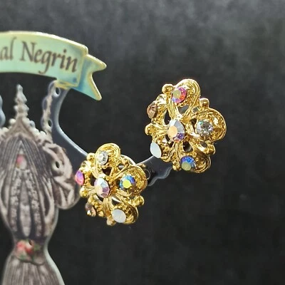 Pendientes Flor Michal Negrin Poste Grande Chapado en Oro y Cristales de Swarovski Regalo Foto 1 de 4