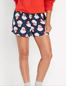 Mid Rise Large 12 14 Women Flannel Boxer Lounge Shorts Christmas Santa Blue - Picture 1 of 5