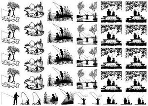 Fishing Scenes 35 pcs 0.5 to 1.25 Black Fused Glass Decals - Picture 1 of 1