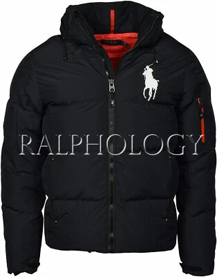 Polo Ralph Lauren Mens Black White Big Pony Hooded Down Puffer Jacket Coat NWT - Image 1 of 4