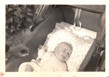 ANTIQUE PHOTO 1930's B & W 2 3/4" x 2 1/2" SMILING NEWBORN BABY IN CARRIAGE