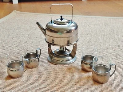 WMF Straußenmarke, Teekanne mit Rechaud und 4 Teegläsern, Art Deco - Bild 1 von 4