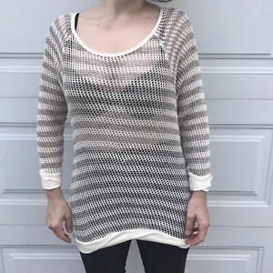 NWT splendid C&C California Loose Knit Mesh Beach sweater M Gray Cream Striped - Picture 1 of 10