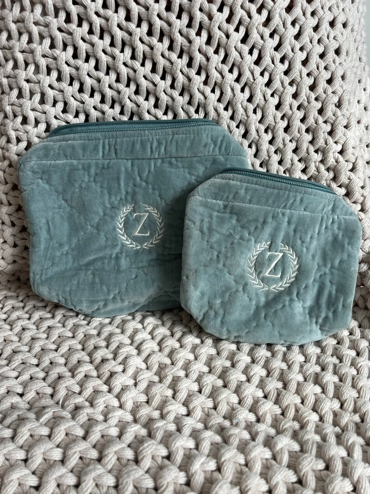 Pottery Barn косметический макияж сумка синий выстеганный бархат шелк с монограммой "Z" комплект - Изображение 1 из 1