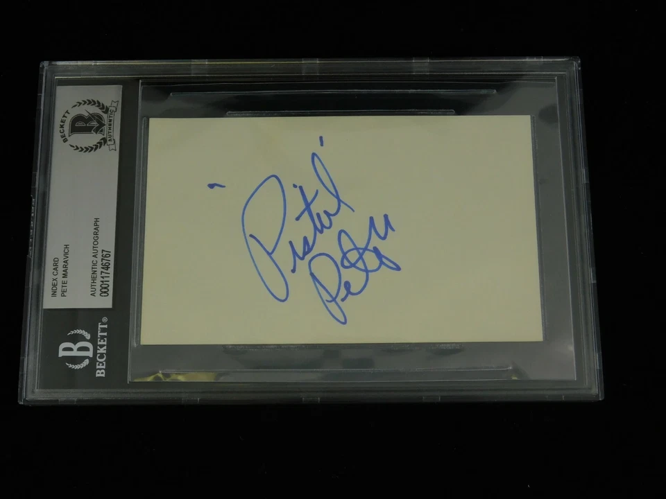 Pete Pistol Pete Maravich Signed 3x5 Index Card Beckett Encapsulated NBA HOF LSU - Image 1 of 1
