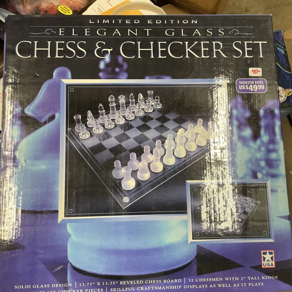 Elegant Glass Chess and Checker Board Set Large 13.75 X13.75 Limited Edition