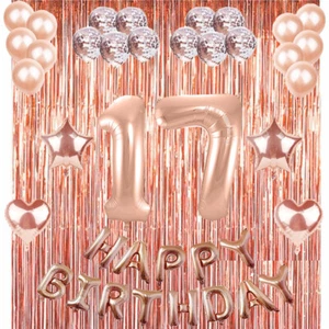 17th Rose Gold Happy Birthday Banner Confetti Balloon Party Decoration Supplies - Picture 1 of 3