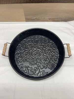 Decorative Embossed Round Tin Tray With Wooden Handles  - Image 1 of 4