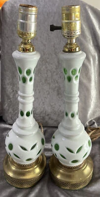 Vintage Bohemian White Cut To Green Lamps Pair - Image 1 of 4