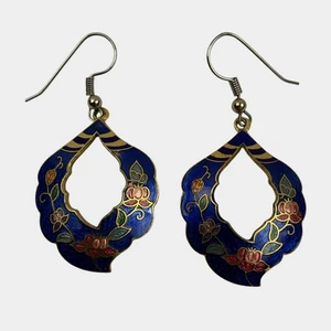 Orecchini pendenti smalto cloisonné blu vintage design floreale a goccia boho chic - Foto 1 di 3