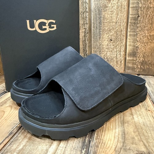 SANDALI UOMO UGG SOLANO SLIDE TAGLIA US 11 PELLE NABUK NERO CINTURINO REGOLABILE