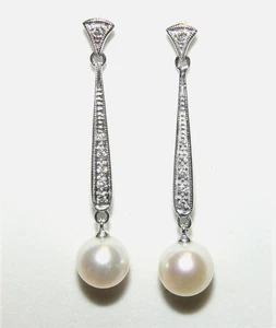 Zierliche Ohrhänger 0,10 kt Diamant & 7,5 mm Perlen 38 mm 14 Karat Gold - Bild 1 von 10