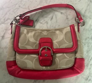 Coach Signature C Canvas Shoulder Bag Pink Leather Trim F28902 Purse - Picture 1 of 20