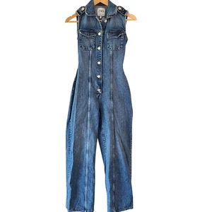 Zara Balloon Denim Jumpsuit XS Open Back Boho Blue Casual Going Out Sleeveless - Picture 1 of 4