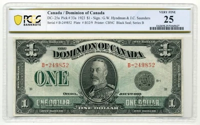 1923 $1 Dominion of Canada, DC-25a, Black Seal - Very Fine, PCGS VF25 - Image 1 of 2
