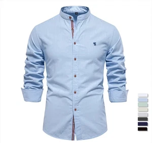 Men's 100% Cotton Stand Collar Brand Shirt | Solid Color Long Sleeve Casual Top - Picture 1 of 14