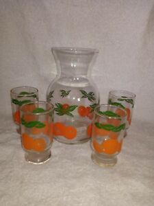 Vintage Anchor Hocking Orange Juice Carafe Pitcher with 4 Juice  Glasses