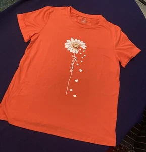 Stretchiges orangefarbenes T-Shirt ""Blume"" kurzärmelig weiß Gänseblümchenherzen JINQILU - Bild 1 von 7