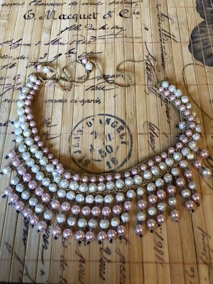 Collar Gargantilla Babero Rosa Malva Rosa Beige Perla Cristal Oro Flecos Crochet Gota Foto 1 de 4