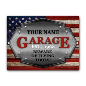 Personalized American Flag Garage Mechanic Sign Weathered Wood Custom Metal Sign - Picture 1 of 9