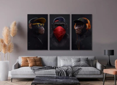  SET OF 3 PRINTS ON STRETCHED CANVAS FRAMED WISE MONKEYS PRINT POSTER HOME DECOR - image 1 of 4