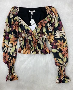 Wayf Women's Size S Black Floral Smocked Ruffle V Neck Crop Top New - Picture 1 of 8