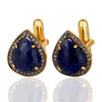 Мужские запонки с бриллиантами позолота 18 карат серебро 925 пробы синий сапфир - Изображение 1 из 3