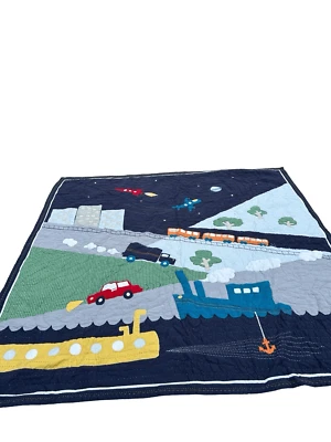 Pottery barn kids boys blue nautical vehicle solid/ striped quilt 83.5"x82 cars - Image 1 of 4