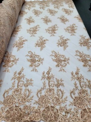 Beige Lace Fabric 3d Emboidery Flower Pearls Mesh Lace Dress Bridal Beaded  - Image 1 of 4