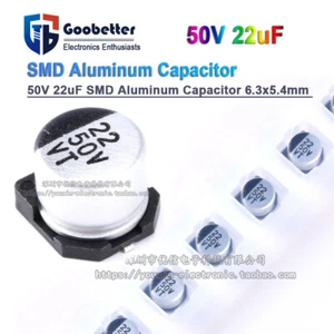 50V 22uF SMD Aluminum Capacitor 6.3x5.4mm Low ESR, High Reliability - Picture 1 of 5