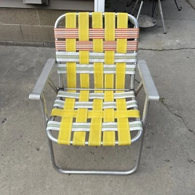 Vintage Webbed Aluminum Frame Folding Lawn Patio Chair Yellow White - Folds - Photo 1/4