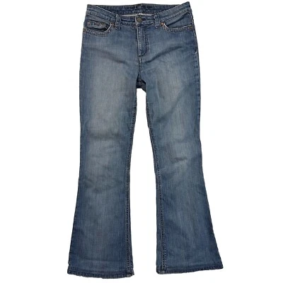 Jeans bootcut vintage puro feminino 29 30x31 azul cintura média lavagem média feito nos EUA anos 90 Y2K - Imagem 1 de 4