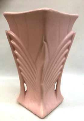 9" McCoy Pottery Pink Salmon Art Deco  Fan Tapered Square Flower Vase Vintage - Image 1 of 4
