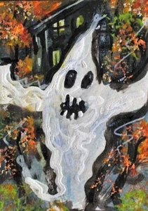 ORIGINALE ACEO Halloween ARTE Spirito Fantasmi Tomba Autunno Autunno Albero Anima Notte ATC - Foto 1 di 1