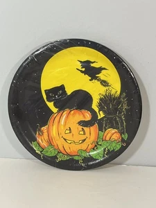 Vintage CA Reed Plastic Coated Halloween Paper Plates 7” NOS Set of 8 Cat Witch - Picture 1 of 12