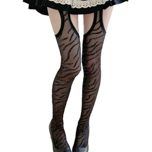 Trendy Silver Thread Pantyhose Zebras Pattern Sheer Fabric Garter Belt Tights - Picture 1 of 8
