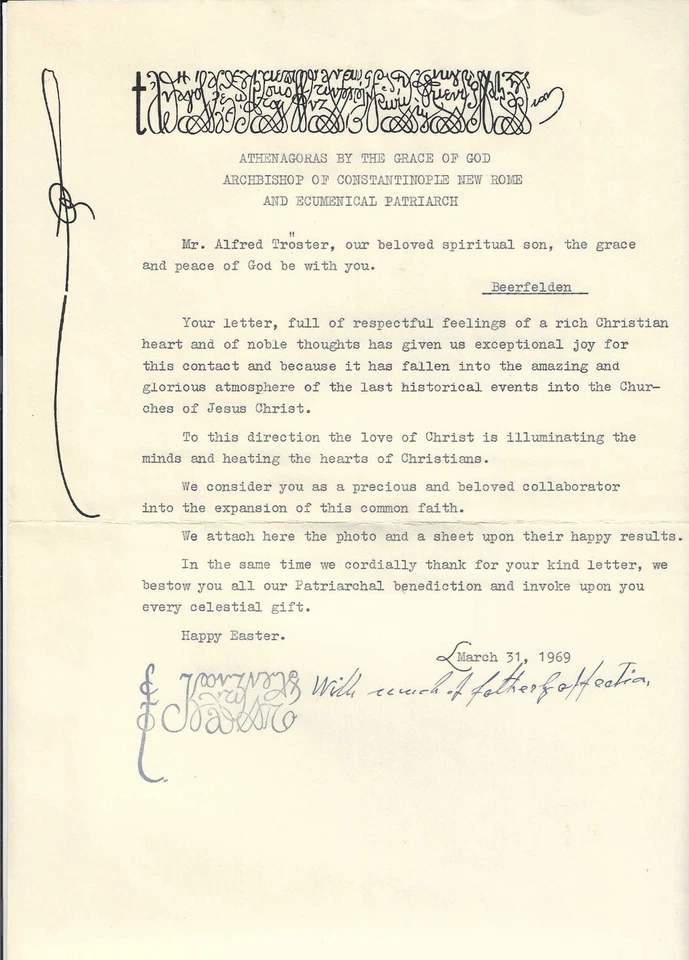 Brief von Athenagoras, Ökom. Patriarch v. Konstantinopel - Bild 1 von 1