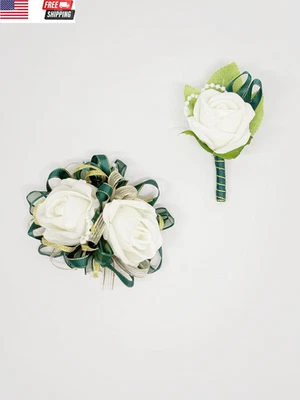 Ivory Rose Wrist Corsage Wristlet Band Bracelet and Men Boutonniere Set with Dar - Image 1 of 4