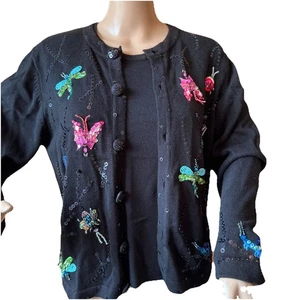 Vintage Just B Sweater Set 2 Pc M Sequins Beads Dragonfly Butterflies Black - Picture 1 of 24