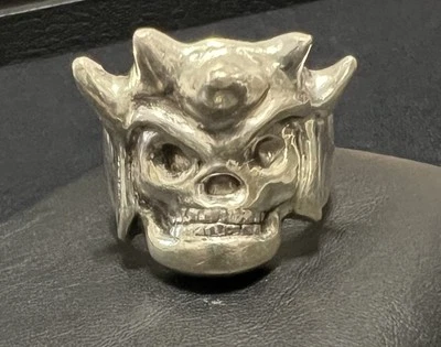 Skull With Horned Helmet Biker Ring Size 13 Silver Plate Vintage Excellent - Image 1 of 4