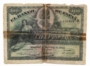 ESPAÑA: 100 PESETAS ALFONSO XII (ALEGORIAS). AÑO 1907. SIN SERIE. MAL. DISCRETO. - Foto 1 di 2