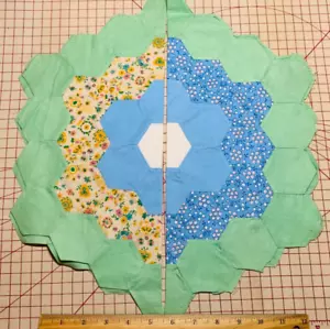 Antique Cotton Fabric 1930s Grandma's Garden 2 Quilt Blocks Hand Pc'd 16.5" - Picture 1 of 4