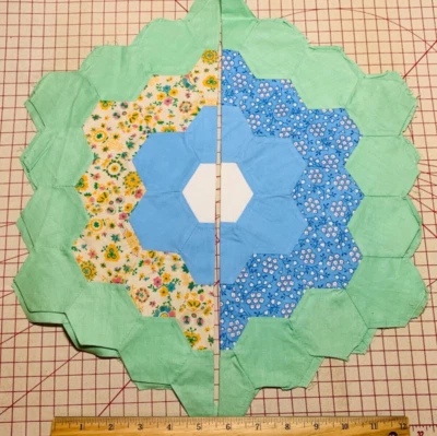 Antique Cotton Fabric 1930s Grandma's Garden 2 Quilt Blocks Hand Pc'd 16.5" - Image 1 of 4