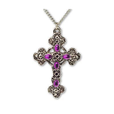 Gothic Filigree Cross with Five Oval Purple Stones Pewter Necklace NK-379P - Image 1 of 4