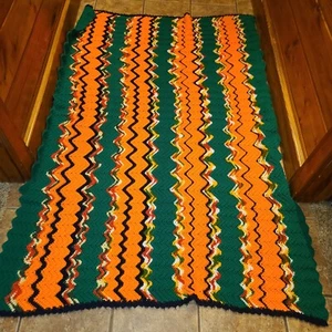 ⁰VTG Crocheted Afghan Ripple Design YellowOrangeBrownGreen 70s Hippie core 66/52 - Picture 1 of 5