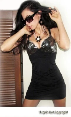 "True Light" Black Stretch Fitting Sequin Trim Tunic Formal Micro Mini Dress S M - Image 1 of 2