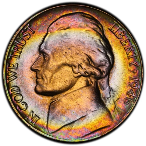 MS66 1946-D 5C Jefferson Nickel, PCGS Secure- Vivid Rainbow Toned Cover